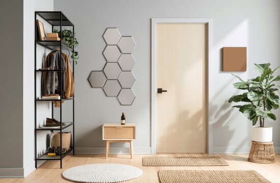 Cozy home entrance with clothing rack, mirror, and fiddle leaf fig tree