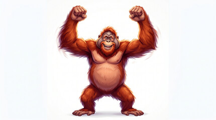 Fototapeta premium A cartoon orangutan with its fists raised in a powerful stance isolated on white background