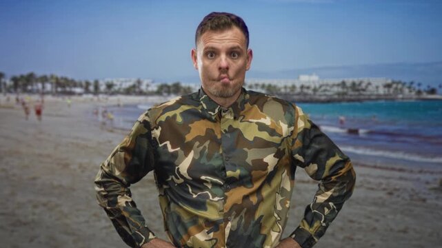 Man in camouflage shirt with hands on hips and pursed lips facing camera at building on a sunny beach; playful defiance.