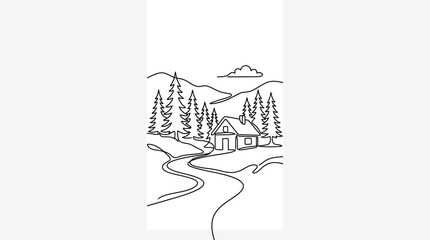 Line art illustration of a cabin in the woods with a winding path. © mbah