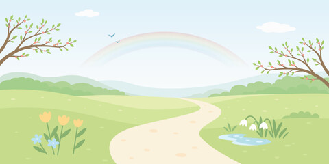 Obraz premium Spring Landscape Vector Illustration. Pastel Nature Background With Winding Path Trees Meadow and Rainbow. Cute Countryside Scenery for Seasonal Design. Children Background, Horizontal Banner