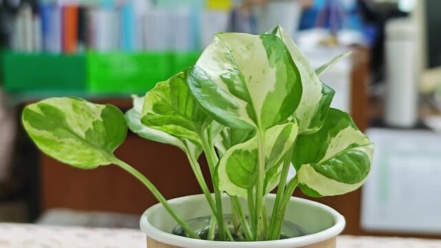 Variegated pothos plant in a pot on an office desk.