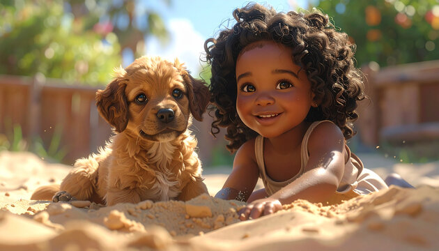 Little girl playing with puppy