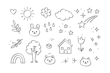Obraz premium A collection of charming hand-drawn doodle illustrations featuring various elements like the sun, clouds, animals, and nature