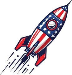 Obraz premium Red white and blue rocket ship launching with flames