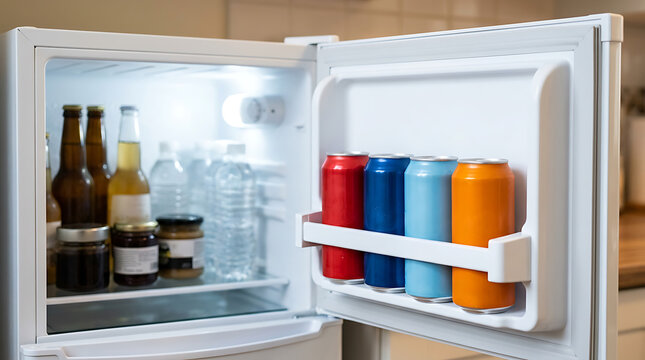 Mini fridge stocked with colorful beverage cans and bottles of drinks and jars