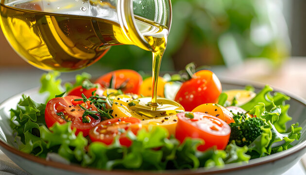 Pouring olive oil over fresh salad healthy gourmet nutrition and organic lifestyle concept