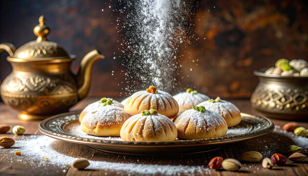 Sugar dusting traditional oriental cookies