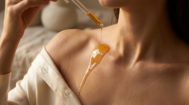 Close up of a person applying amber oil to the neck and chest.