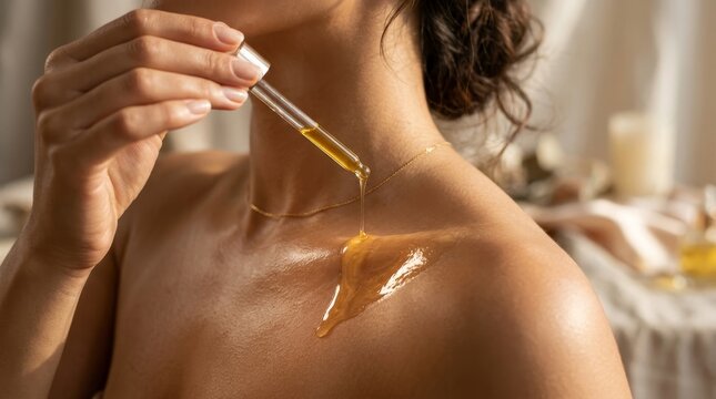 Person applies golden oil to neck and shoulder using dropper
