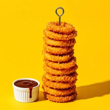 Crispy Fried Onion Rings Stacked on Metal Skewer with Barbecue Dipping Sauce in Minimalist Pop Art Style for National Junk Food Day Celebration Poster