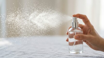 Fototapeta premium A hand sprays mist from a clear glass perfume bottle into the air.