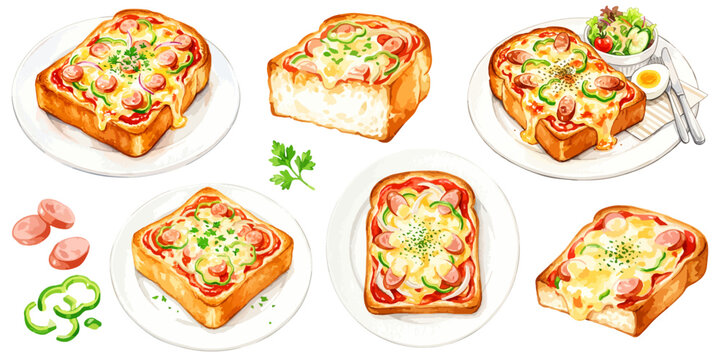 喫茶店のピザトーストイラストセット,水彩風のカフェ軽食メニュー,とろけるチーズとソーセージの調理パン,フード系手描きベクター素材