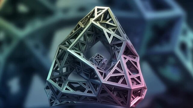 Metallic Fractal Pyramid Structure Rotating with Iridescent Glow