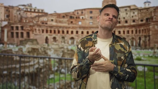 Man in camouflage jacket clasping hands with a wince at an ancient building ruins site by a railing; contemplation.
