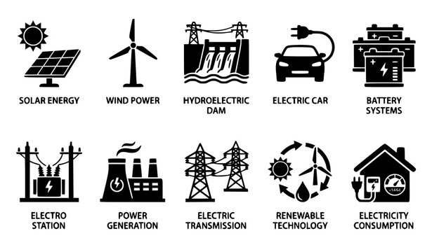 Electricity infrastructure and renewable energy pictogram icon set solar wind hydro battery vector illustration