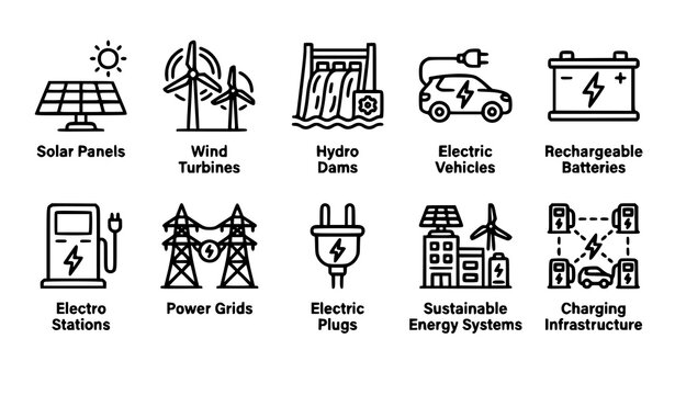 Renewable electricity outline icon pack solar wind hydro battery electric vehicle energy vector set