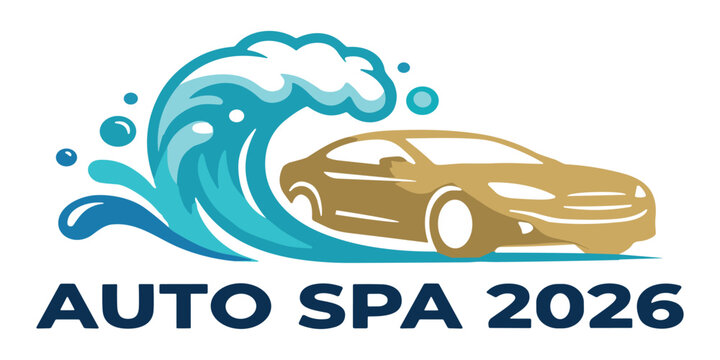 Luxury Auto Spa Logo with Ocean Wave Splash and Premium Gold Sports Car Illustration