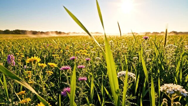 Vibrant wildflower meadow with lush green grass and colorful blooms under sunny blue sky