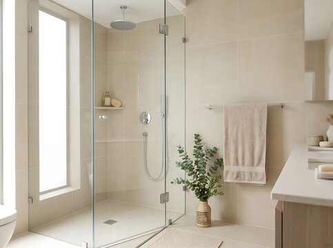 Bright modern bathroom with rainfall shower, clear glass door, beige tiles, folded towel, and a sprig of eucalyptus