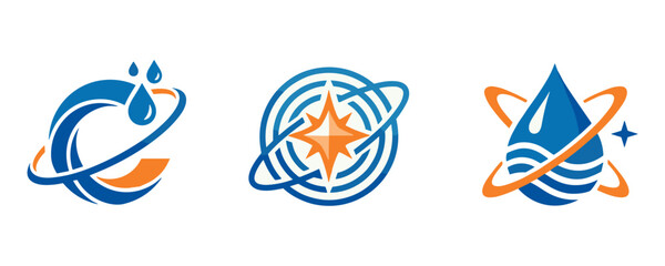 Abstract Water and Orbit Cleaning Logo Icons Set with Modern Wave, Star and Droplet Vector Emblems © Dima