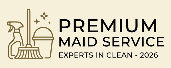 Obraz premium Premium Maid Service Logo with Cleaning Spray Bottle, Mop and Bucket Minimal Line Art Vector Design