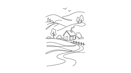 Hand drawn outline sketch of a small country cottage in a scenic landscape. © Natasya