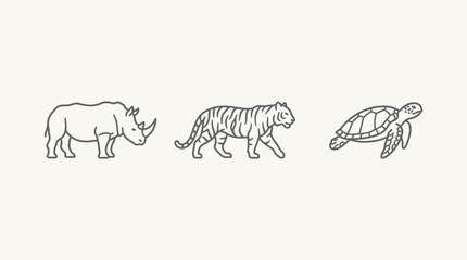 Minimalist outline drawing of rhinoceros tiger and sea turtle. © Natasya