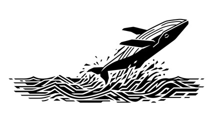 Black and white woodcut illustration of a jumping humpback whale. © Natasya