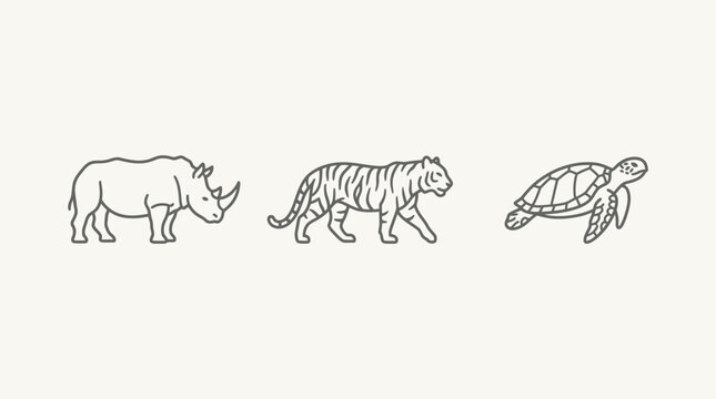 Minimalist outline drawing of rhinoceros tiger and sea turtle.