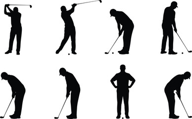 Naklejka premium Black golf player silhouettes set, professional golfer swinging and putting icons, sports activity symbols bundle, man golfing vector graphics collection