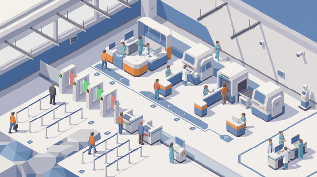 Airport Security Checkpoint with Passengers and Equipment.