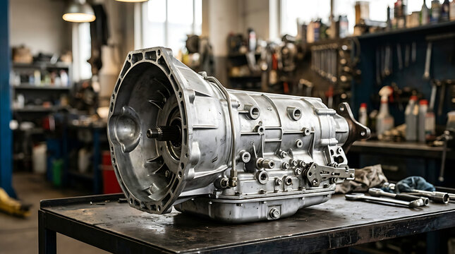 Modern automotive automatic transmission system on a repair bench in a vehicle service center