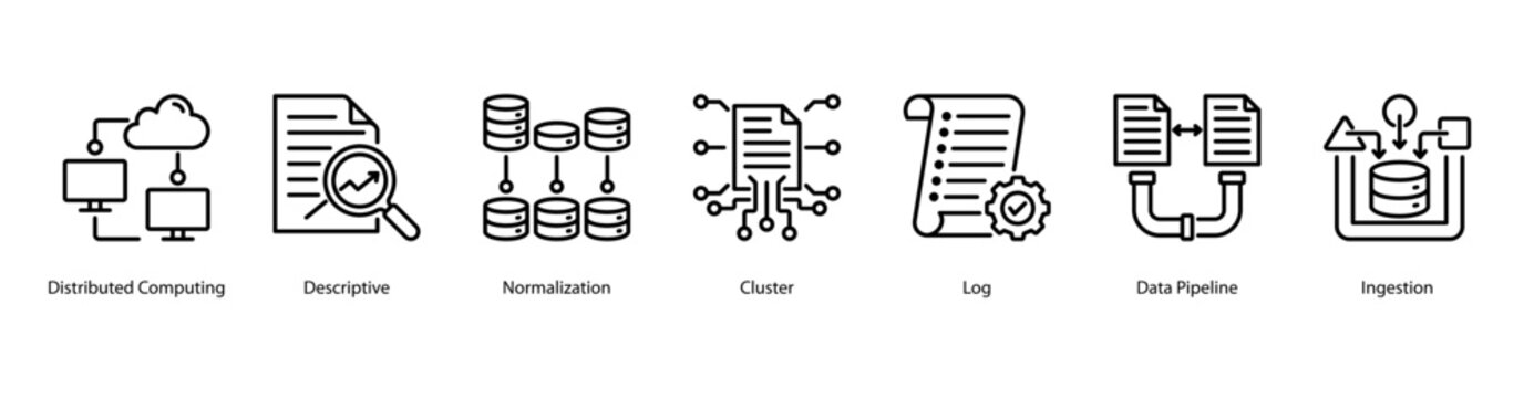 Data Processing web banner icon vector illustration featuring Distributed Computing, Descriptive, Normalization, Cluster, Log, Data Pipeline, and Ingestion.