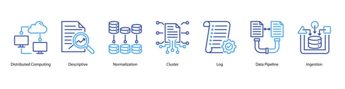 Data Processing web banner icon vector illustration featuring Distributed Computing, Descriptive, Normalization, Cluster, Log, Data Pipeline, and Ingestion.