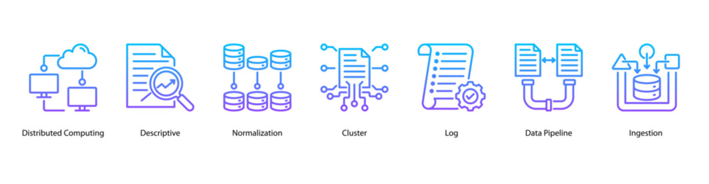 Data Processing web banner icon vector illustration featuring Distributed Computing, Descriptive, Normalization, Cluster, Log, Data Pipeline, and Ingestion.