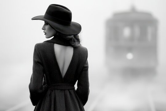 Elegant woman in a wide-brimmed hat and backless coat, standing against a foggy backdrop with a train.