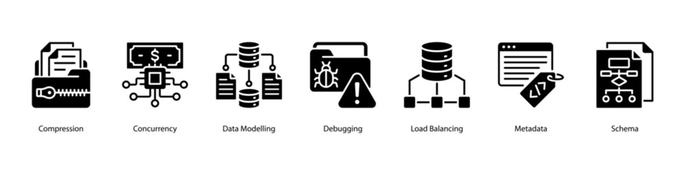 Data Architecture web banner icon vector illustration featuring Compression, Concurrency, Data Modelling, Debugging, Load Balancing, Metadata, and Schema.