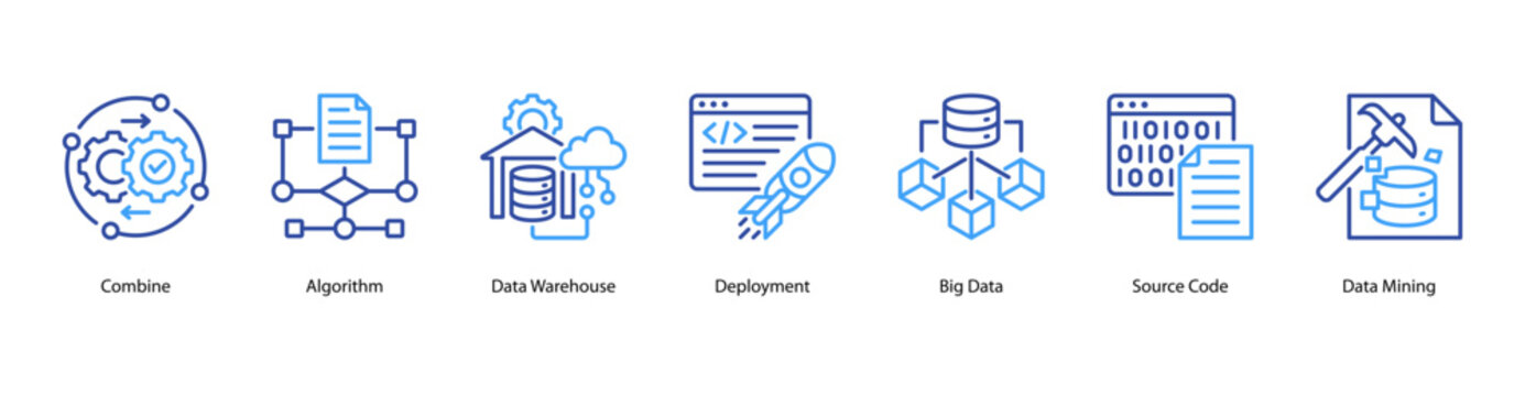 Data Systems web banner icon vector illustration featuring Combine, Algorithm, Data Warehouse, Deployment, Big Data, Source Code, and Data Mining.