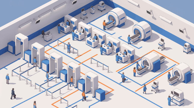 Airport Security Checkpoint with Metal Detectors and X-ray Machines.