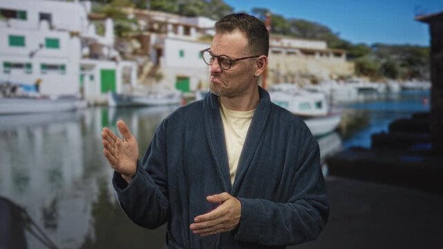 Man in robe gestures with hands in a studio set that shows a harbor building and boats, grimacing with pursed lips; contempt.