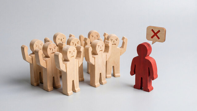 Group rejection and social exclusion concept showing crowd disapproval protest and denial against individual person in conflict discrimination and workplace bullying scenario
