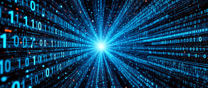 Binary code data stream with blue light rays and digital tunnel effect in cyber technology and information transfer concept  abstract background transparent background