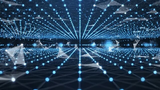 Abstract Digital Network Grid with Glowing Blue Lights and Geometric Shapes.