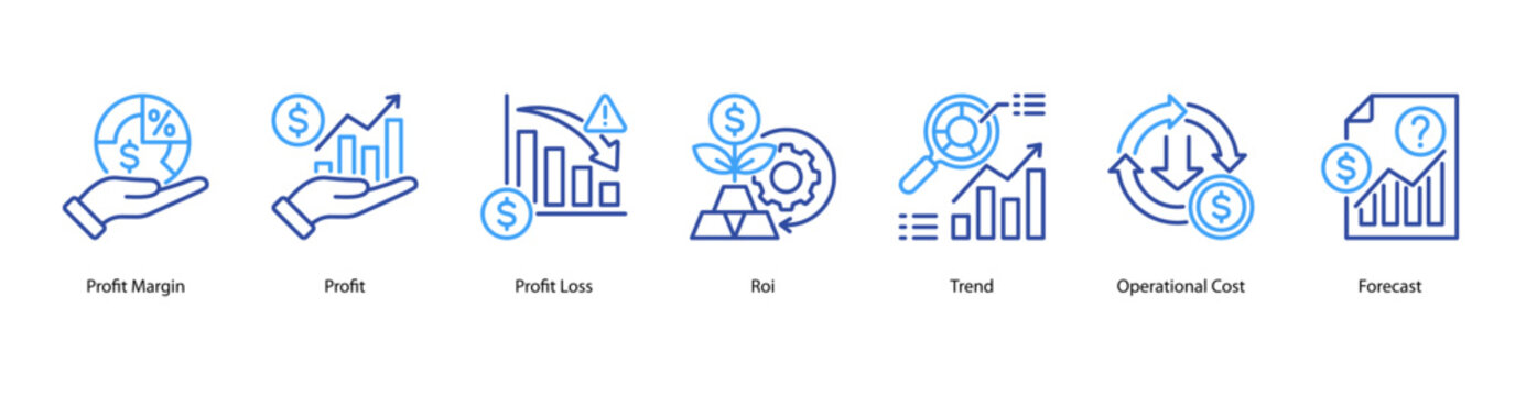 Profit Analysis web banner icon vector illustration featuring Profit Margin, Profit, Profit Loss, ROI, Trend, Operational Cost, and Forecast.