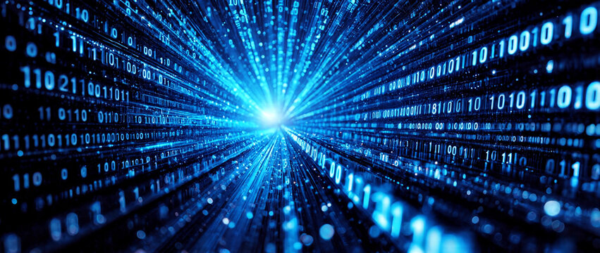 Digital tunnel vision of blue binary code streaming into the distance with a bright light at the end representing data transfer and technology advancement in computer science and information.