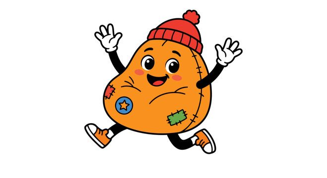 Cute running patchwork rag doll mascot wearing beanie