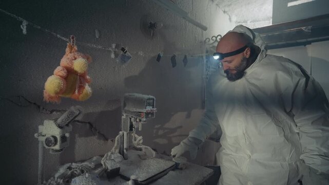 Scientist in hazmat suit examines frozen sample inside abandoned frostcovered laboratory headlamp illuminates hanging chicken carcass and dusty equipment while researcher documents contamination
