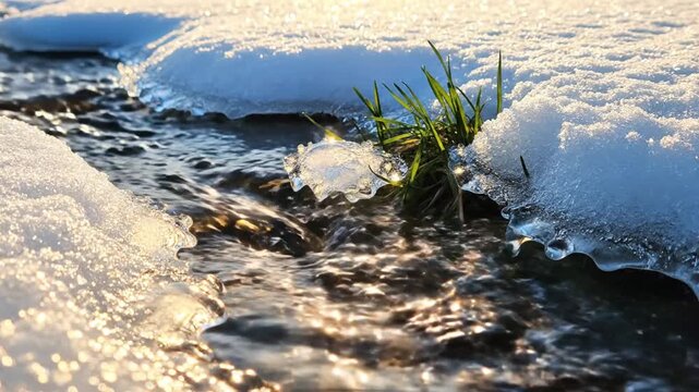 Fresh green grass sprouts emerging through melting snow beside a flowing stream in early spring sunlight reflecting on icy water surface in rural nature
