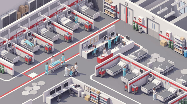 Isometric view of a modern hospital interior layout with patient rooms and workstations.